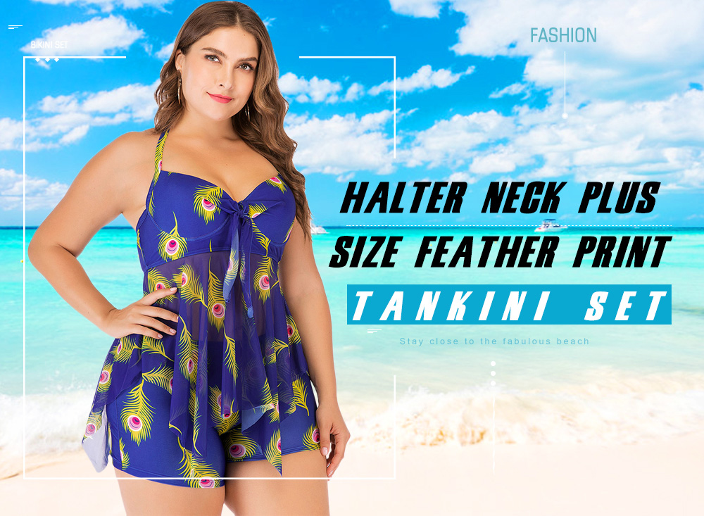 Plus Size Underwire Feather Print Tankini Set