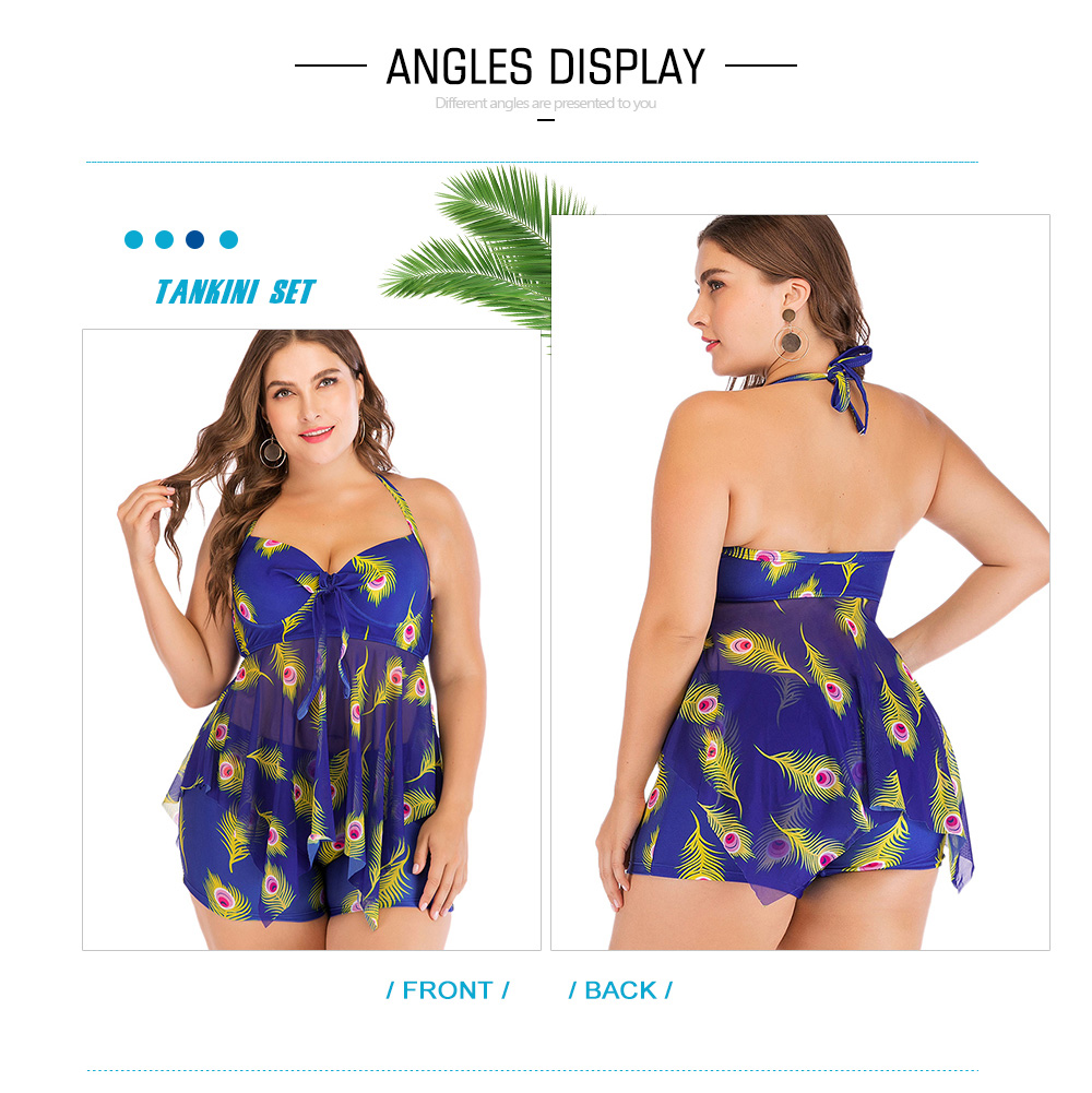 Plus Size Underwire Feather Print Tankini Set