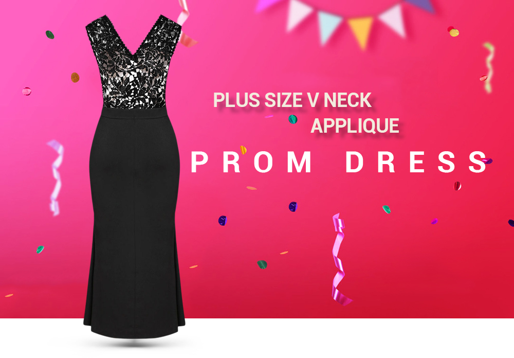 Plus Size V Neck Applique Prom Dress