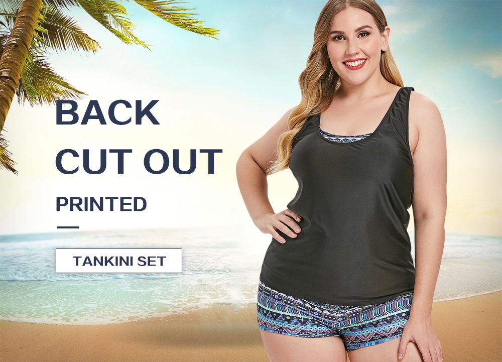 Plus Size Back Cut Out Printed Tankini Set