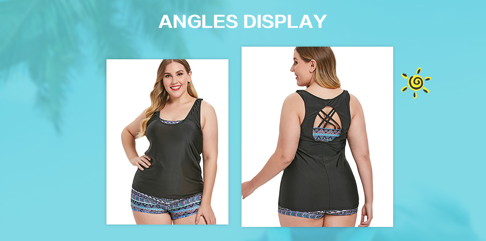 Plus Size Back Cut Out Printed Tankini Set