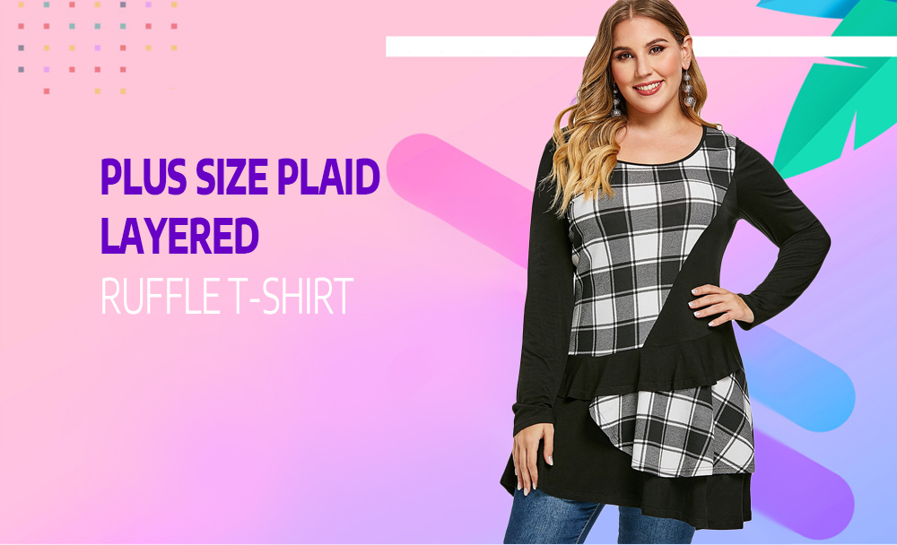 Plus Size Plaid Ruffle Layered T-shirt