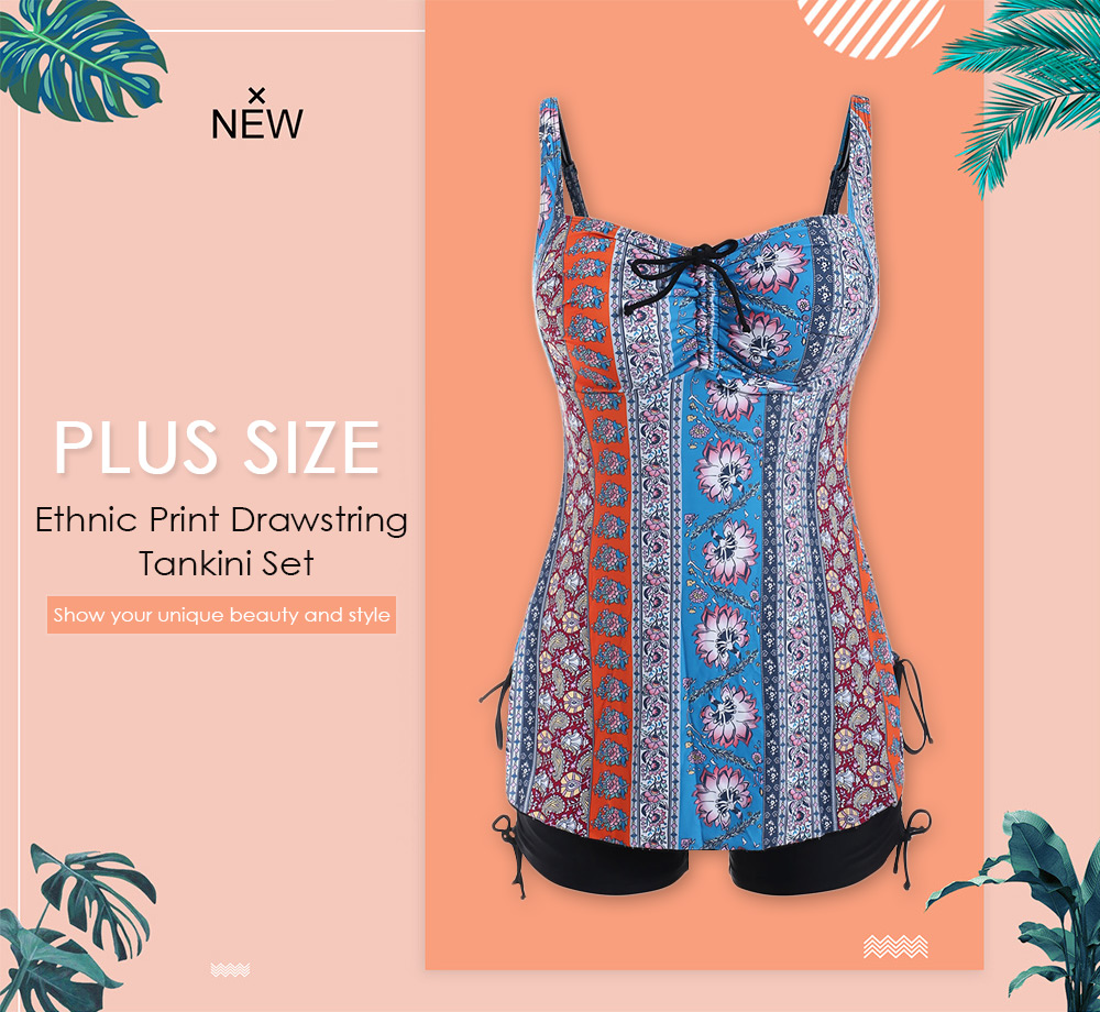 Ethnic Print Drawstring Plus Size Tankini Set