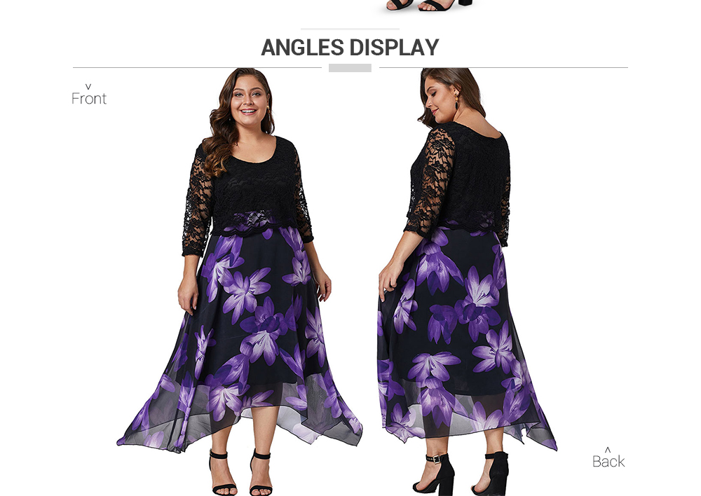 Plus Size Lace Sleeve Floral Print Asymmetrical Dress