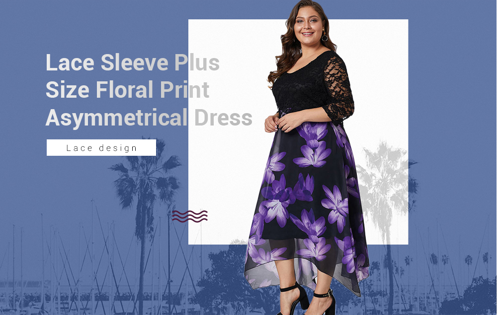 Plus Size Lace Sleeve Floral Print Asymmetrical Dress