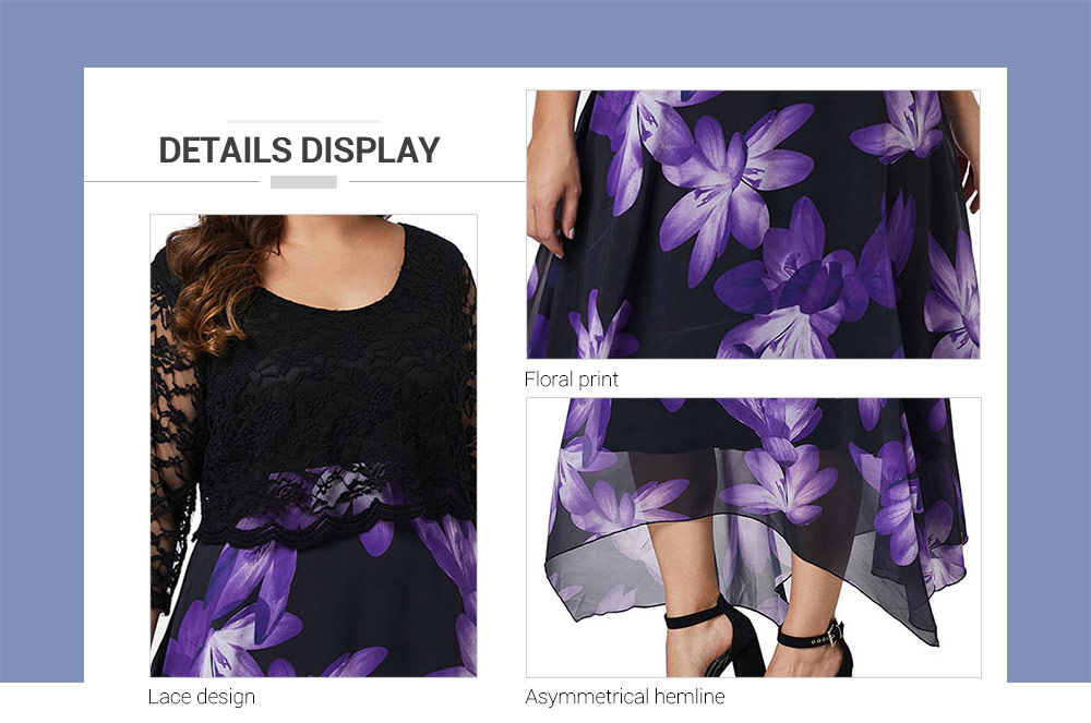 Plus Size Lace Sleeve Floral Print Asymmetrical Dress