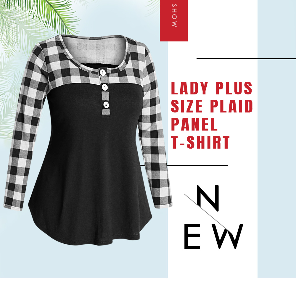 Plus Size Button Detail Plaid Panel T-shirt