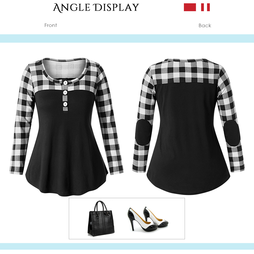 Plus Size Button Detail Plaid Panel T-shirt