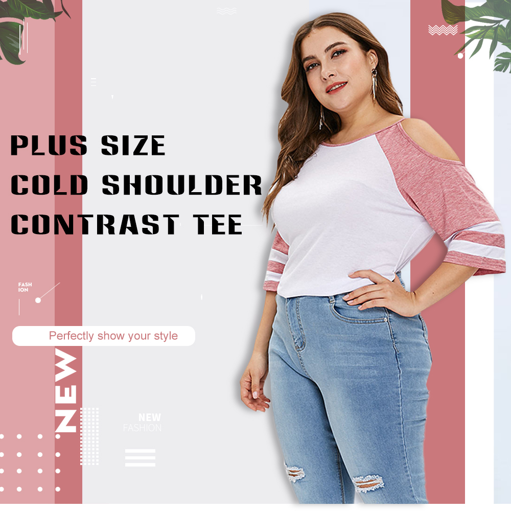 Plus Size Cold Shoulder Two Tone Tee