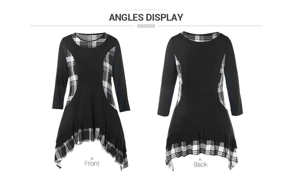 Plus Size Plaid Panel Asymmetric Tee with Flounce