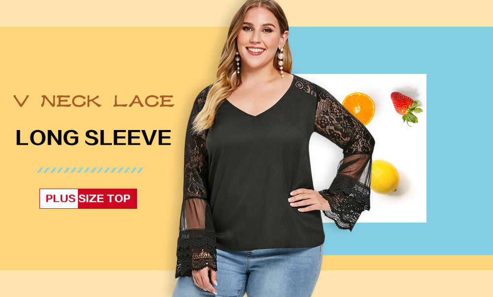 V Neck Lace Long Sleeve Plus Size Top