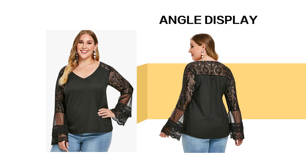 V Neck Lace Long Sleeve Plus Size Top