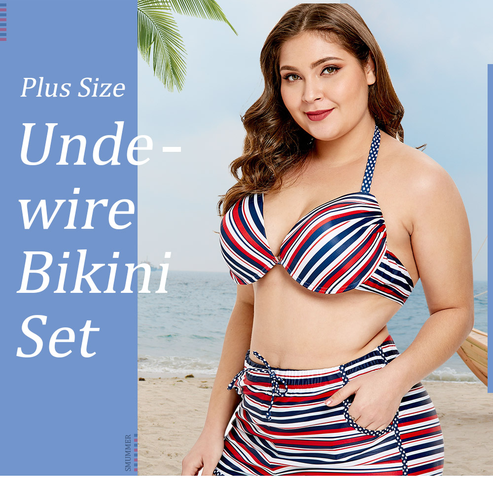 Plus Size Striped Underwire Bikini Set