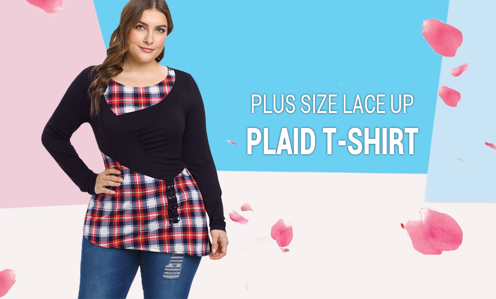 Plus Size Plaid Lace Up T-shirt