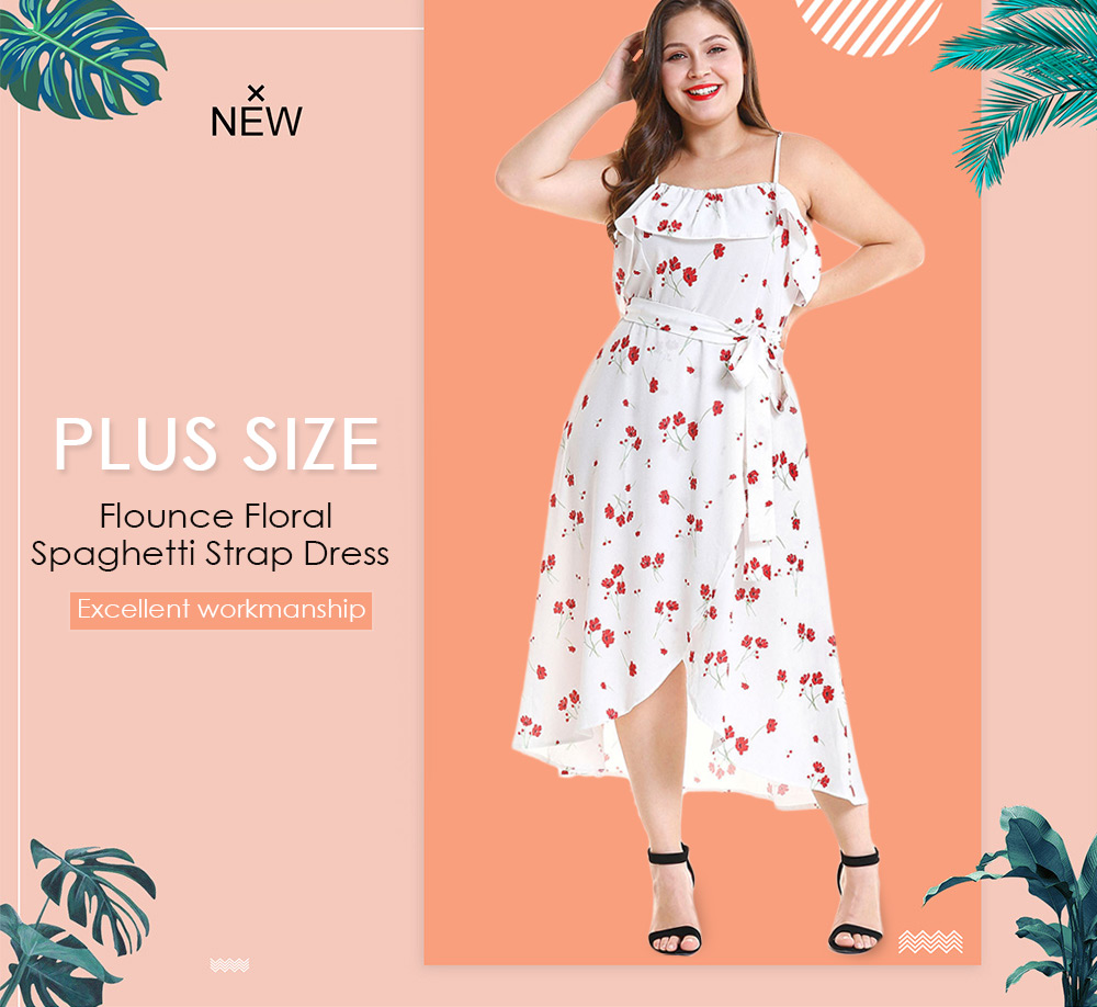 Plus Size Flounce Floral Spaghetti Strap Dress