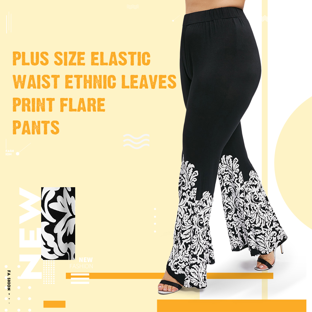 Plus Size Elastic Waist Ethnic Leaves Print Flare Pants