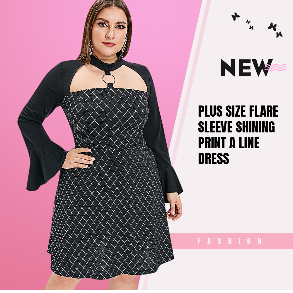 Plus Size Flare Sleeve Shining Print A Line Dress