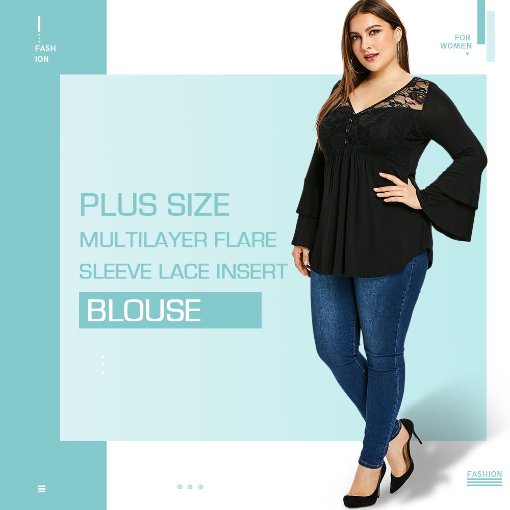 Plus Size Multilayer Flare Sleeve Lace Insert Blouse