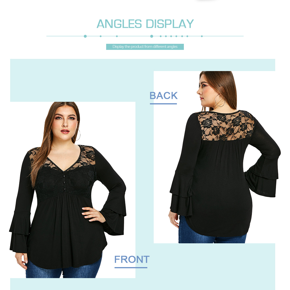 Plus Size Multilayer Flare Sleeve Lace Insert Blouse