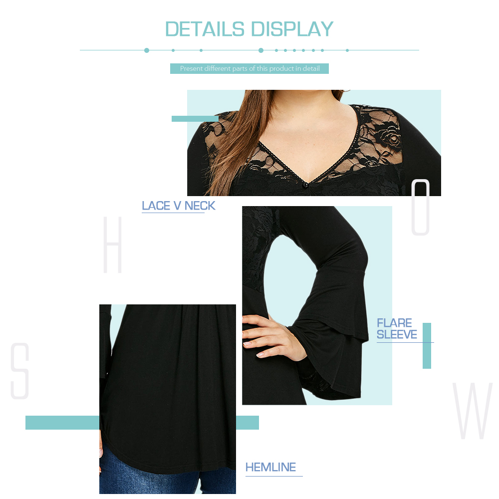 Plus Size Multilayer Flare Sleeve Lace Insert Blouse