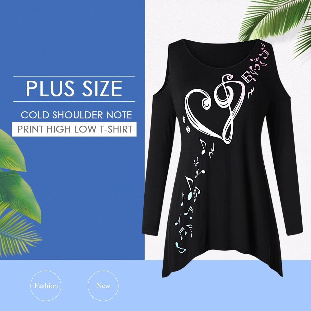 Plus Size Cold Shoulder Note Print High Low T-shirt