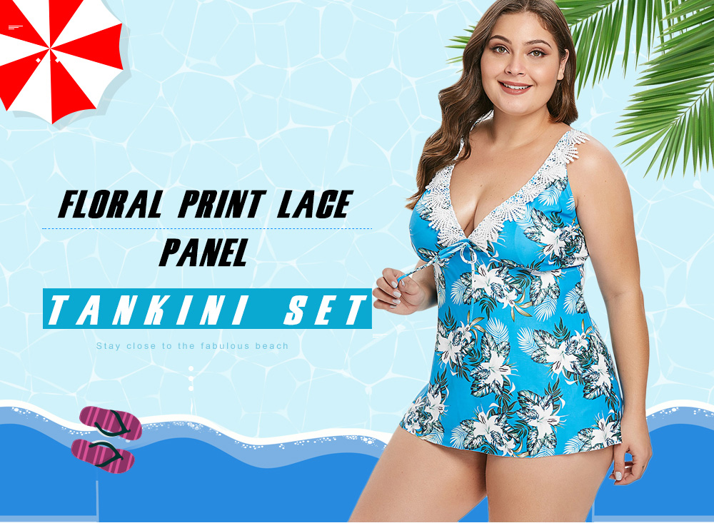 Plus Size Floral Print Lace Panel Tankini Set