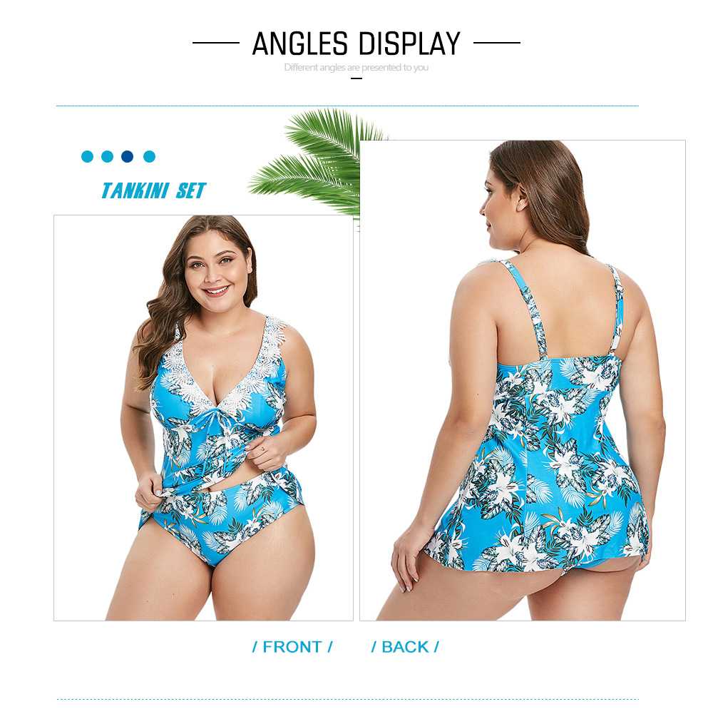 Plus Size Floral Print Lace Panel Tankini Set