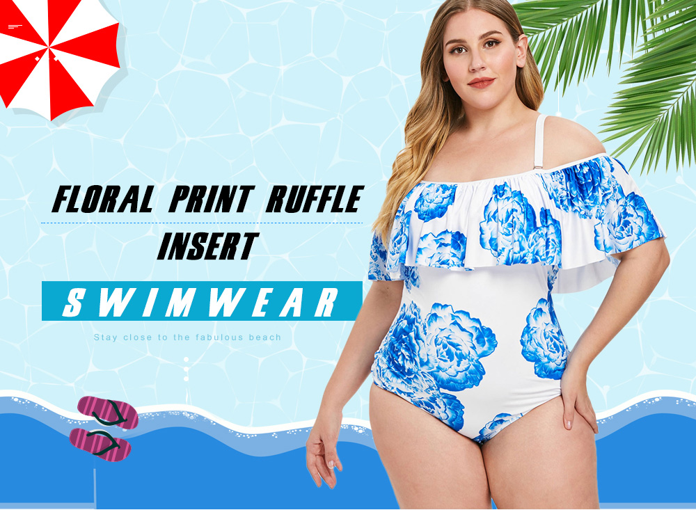 Plus Size Floral Print Ruffle Insert Swimwear