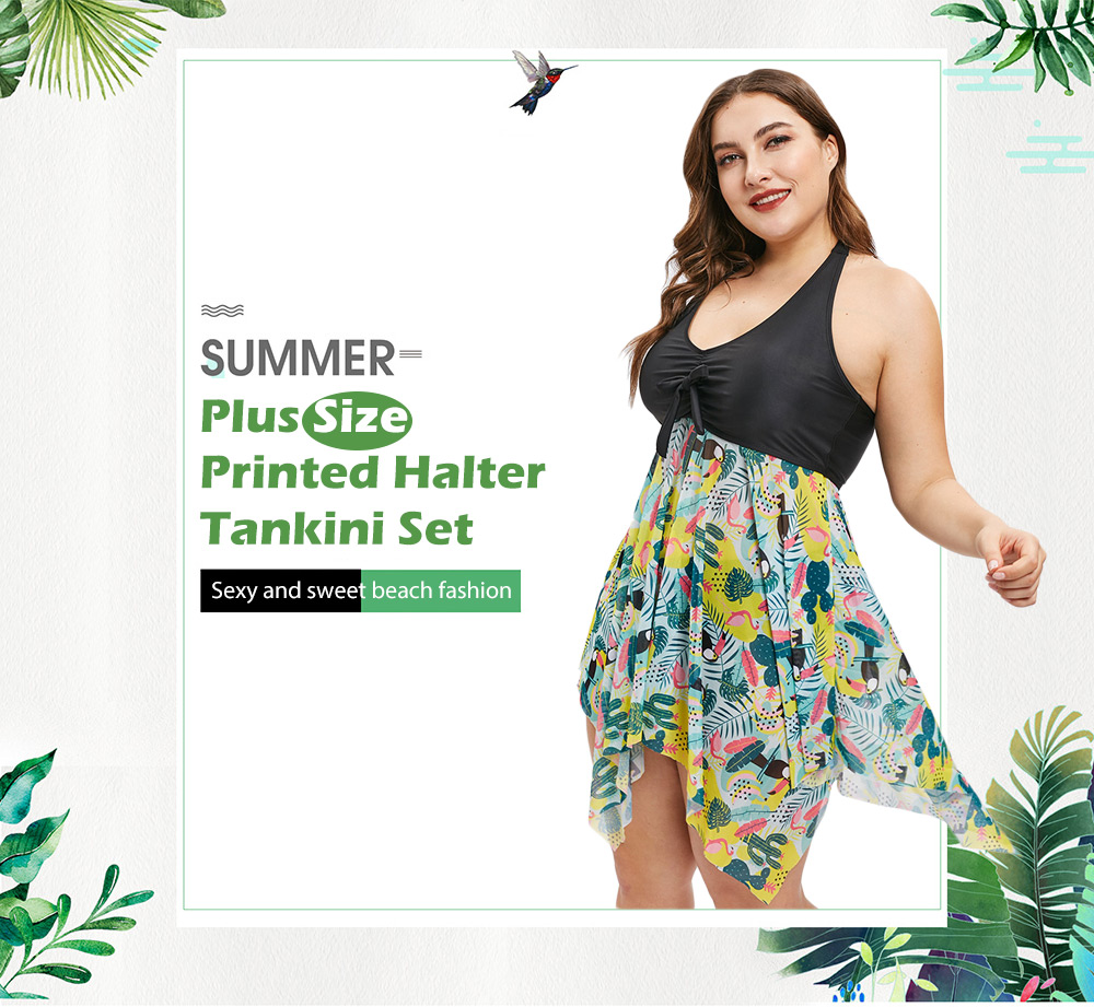 Plus Size Printed Halter Tankini Set