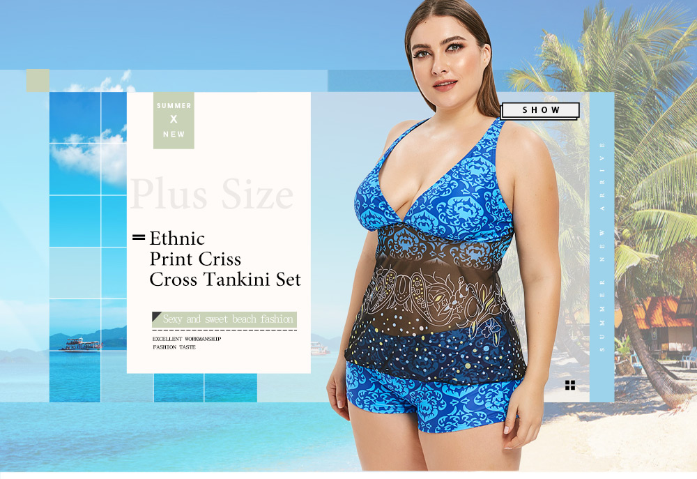 Plus Size Ethnic Print Criss Cross Tankini Set