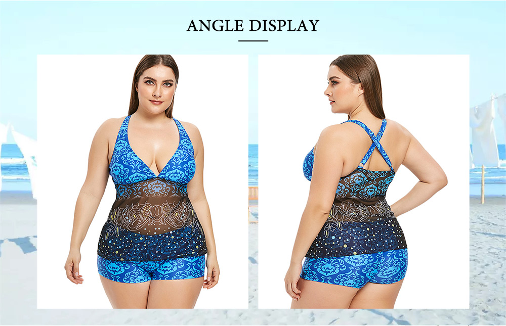 Plus Size Ethnic Print Criss Cross Tankini Set