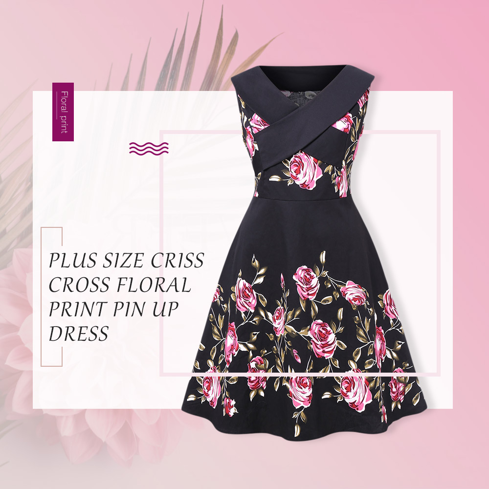 Plus Size Criss Cross Floral Print Pin Up Dress