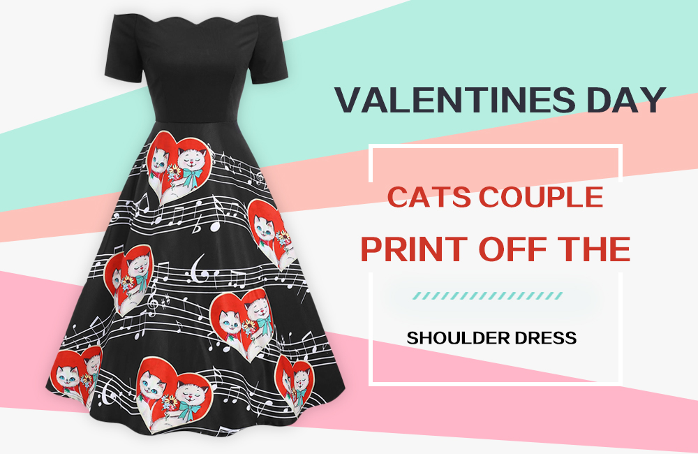 Valentines Day Cats Couple Print Off The Shoulder Dress