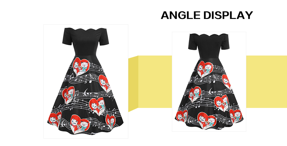 Valentines Day Cats Couple Print Off The Shoulder Dress