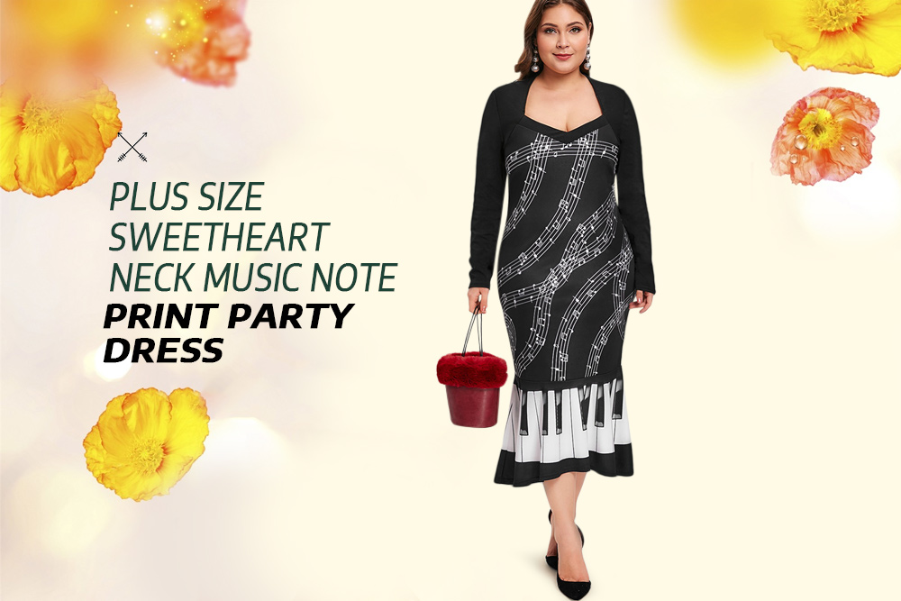 Plus Size Sweetheart Neck Music Note Print Party Dress