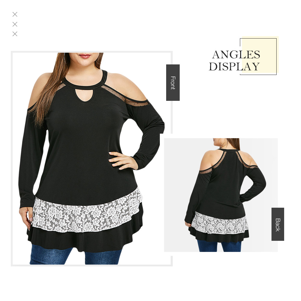 Open Shoulder Lace Panel Plus Size T-shirt