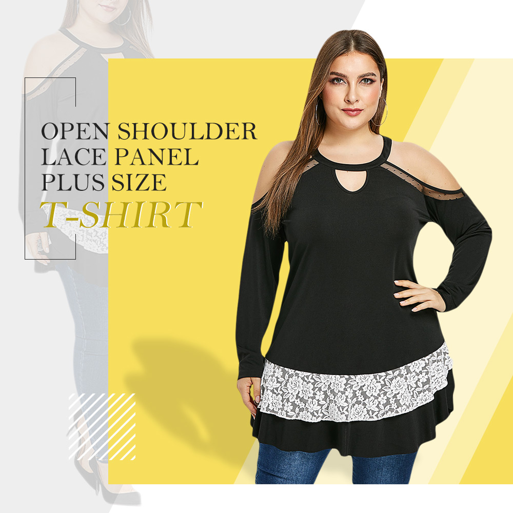 Open Shoulder Lace Panel Plus Size T-shirt