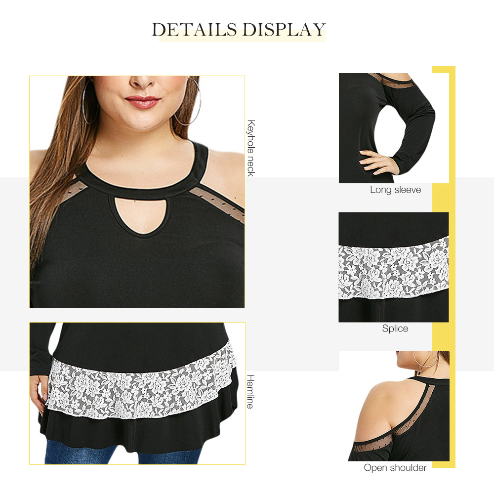 Open Shoulder Lace Panel Plus Size T-shirt