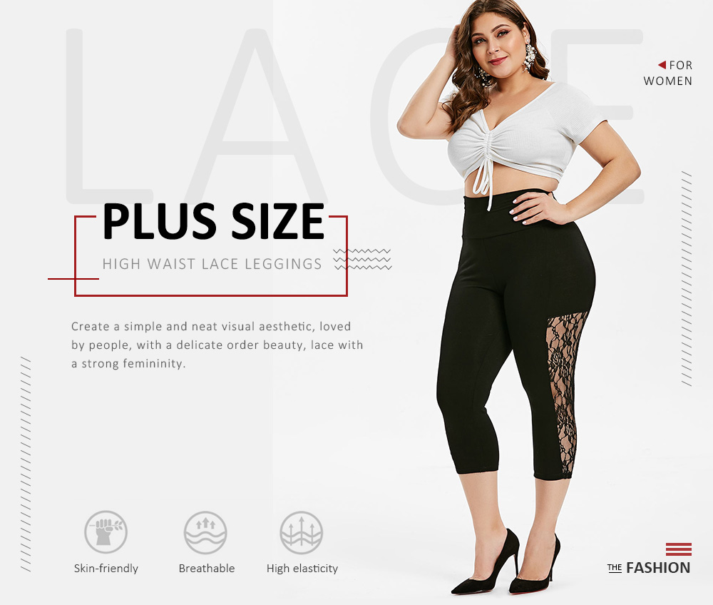 Plus Size High Waist Lace Insert Capri Leggings