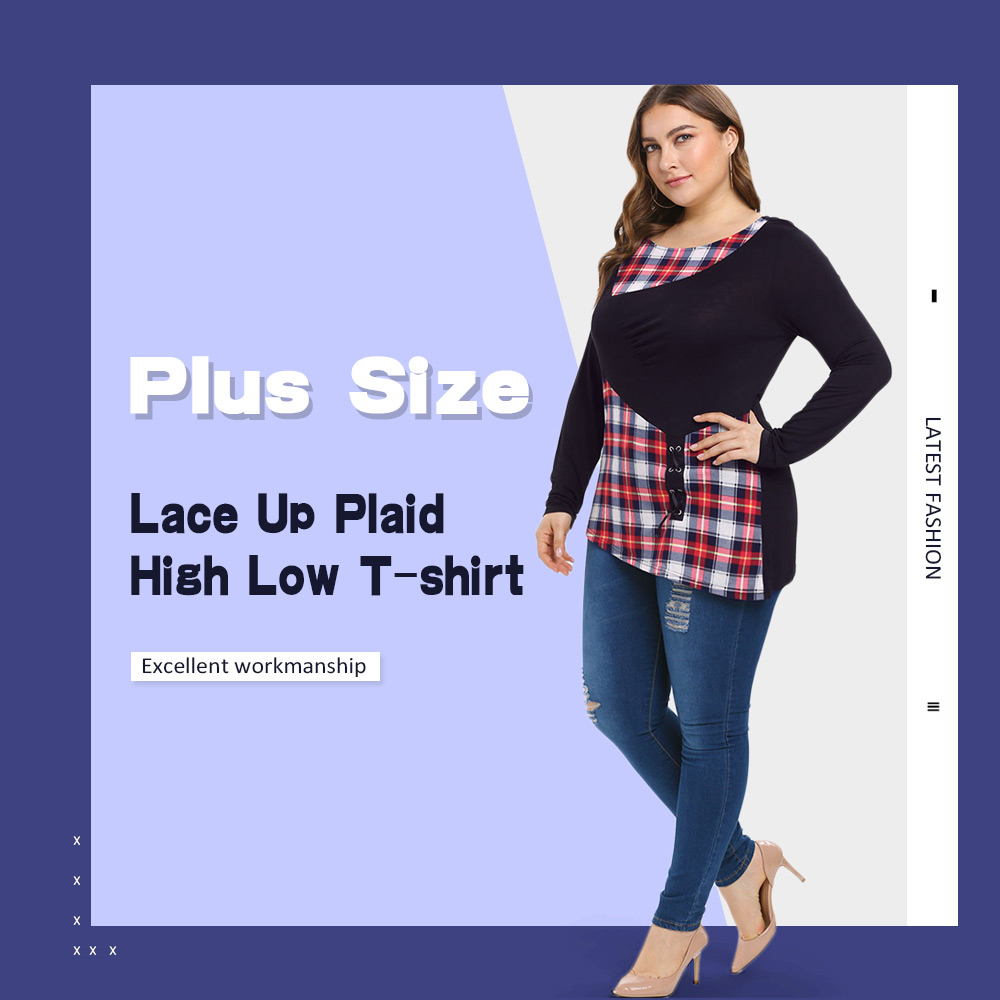 Plus Size Plaid Lace Up T-shirt