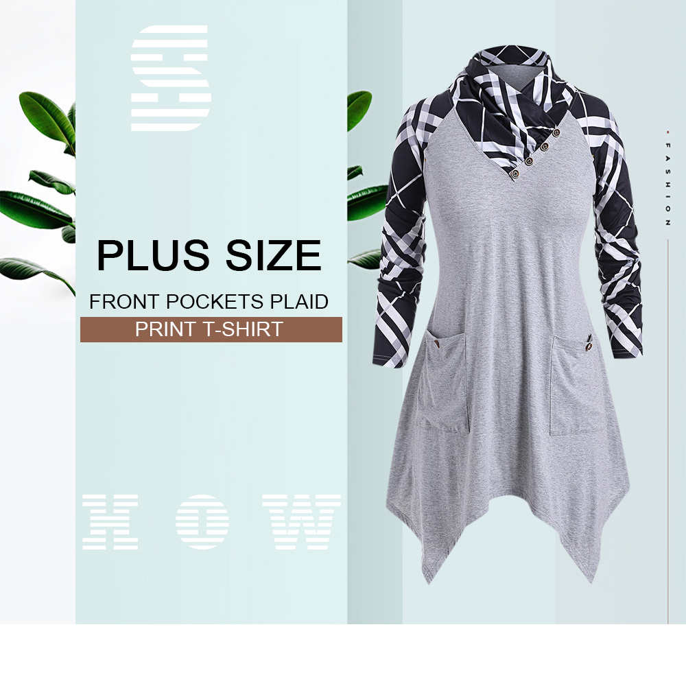 Cowl Neck Plus Size Plaid Print T-shirt
