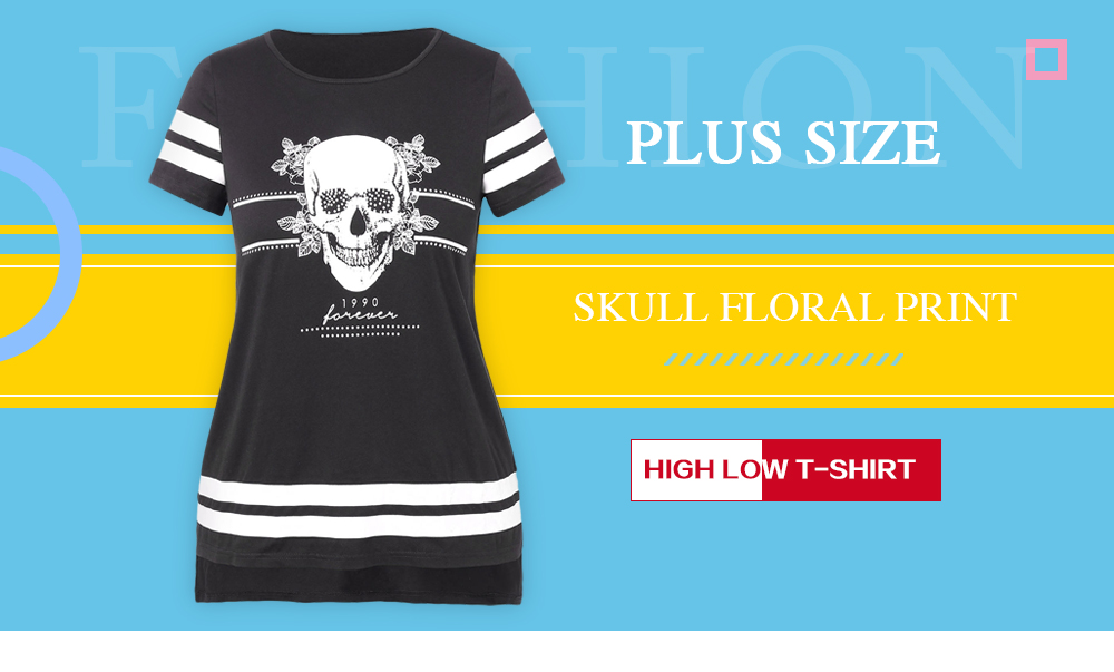 Plus Size Skull Floral Print High Low T-shirt