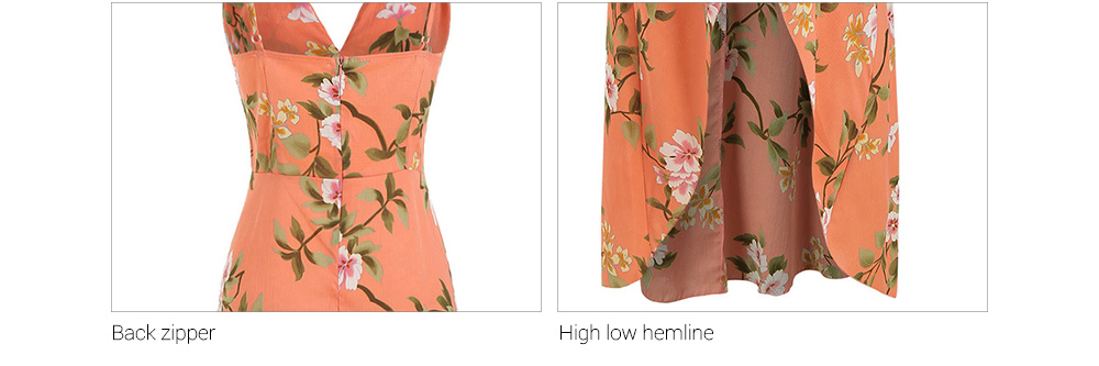 Spaghetti Strap Floral Print Flounce High Low Dress