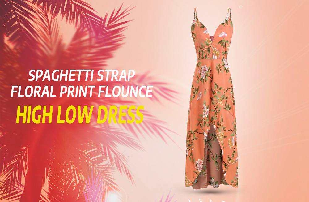 Spaghetti Strap Floral Print Flounce High Low Dress
