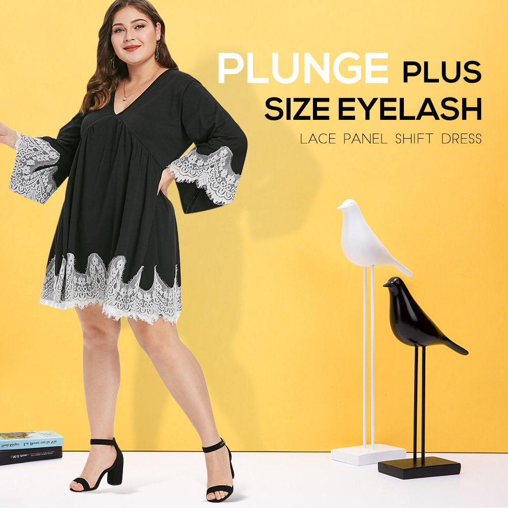 Plus Size Plunge Eyelash Lace Panel Shift Dress