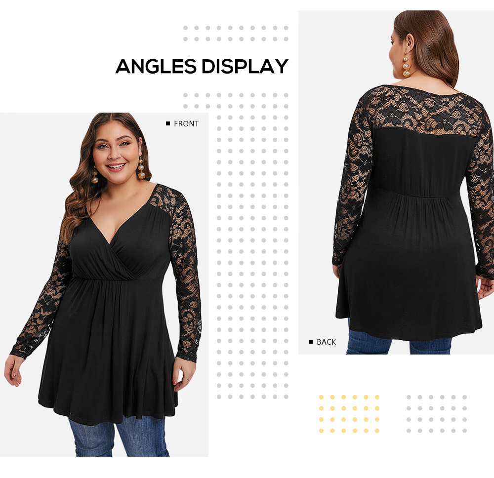 Plus Size Lace Insert Tunic Surplice T-shirt