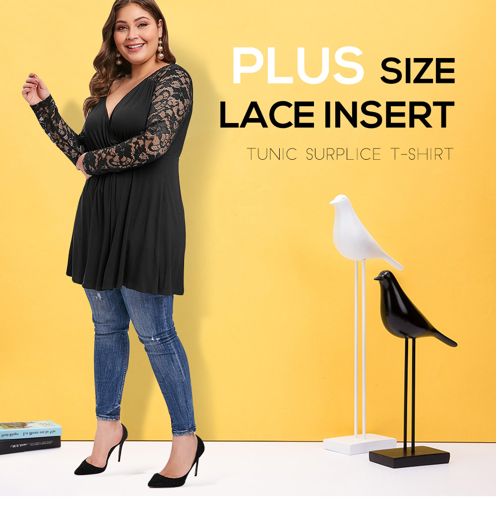 Plus Size Lace Insert Tunic Surplice T-shirt