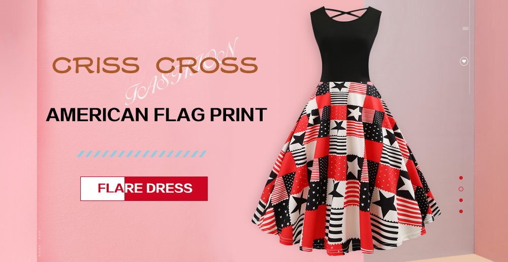 Criss Cross American Flag Print Flare Dress