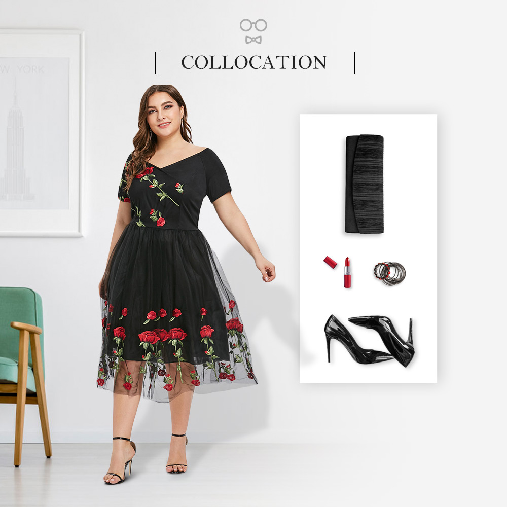 Plus Size Off The Shoulder Floral Embroidery A Line Dress