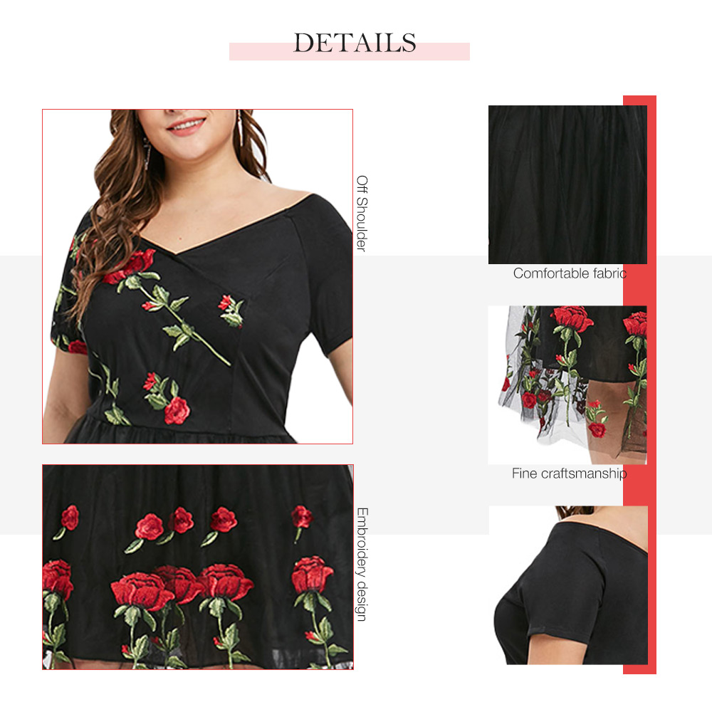 Plus Size Off The Shoulder Floral Embroidery A Line Dress